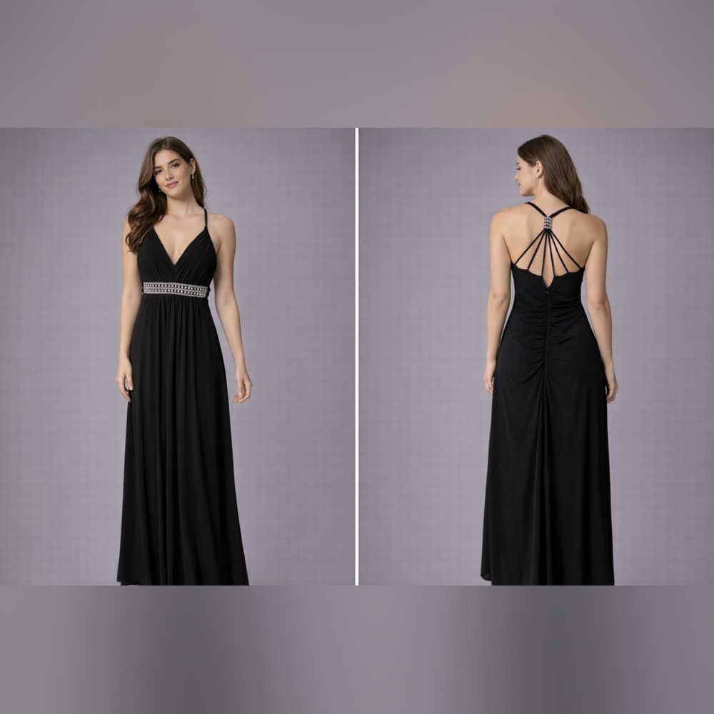 Camille La Vie Dress Black 14 V Neck Back Crystals Long Formal W Stretch Party